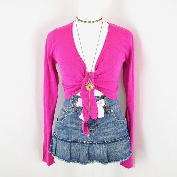 VTG 00s Y2K 525 America Hot Pink Long Sleeve Cropped Tie Up Knit Cardigan Sz M - Picture 1 of 7